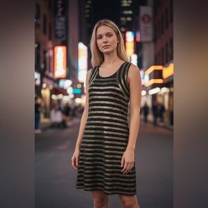 Garnet Hill Black Gold Stripe Sequined Shift Dress S